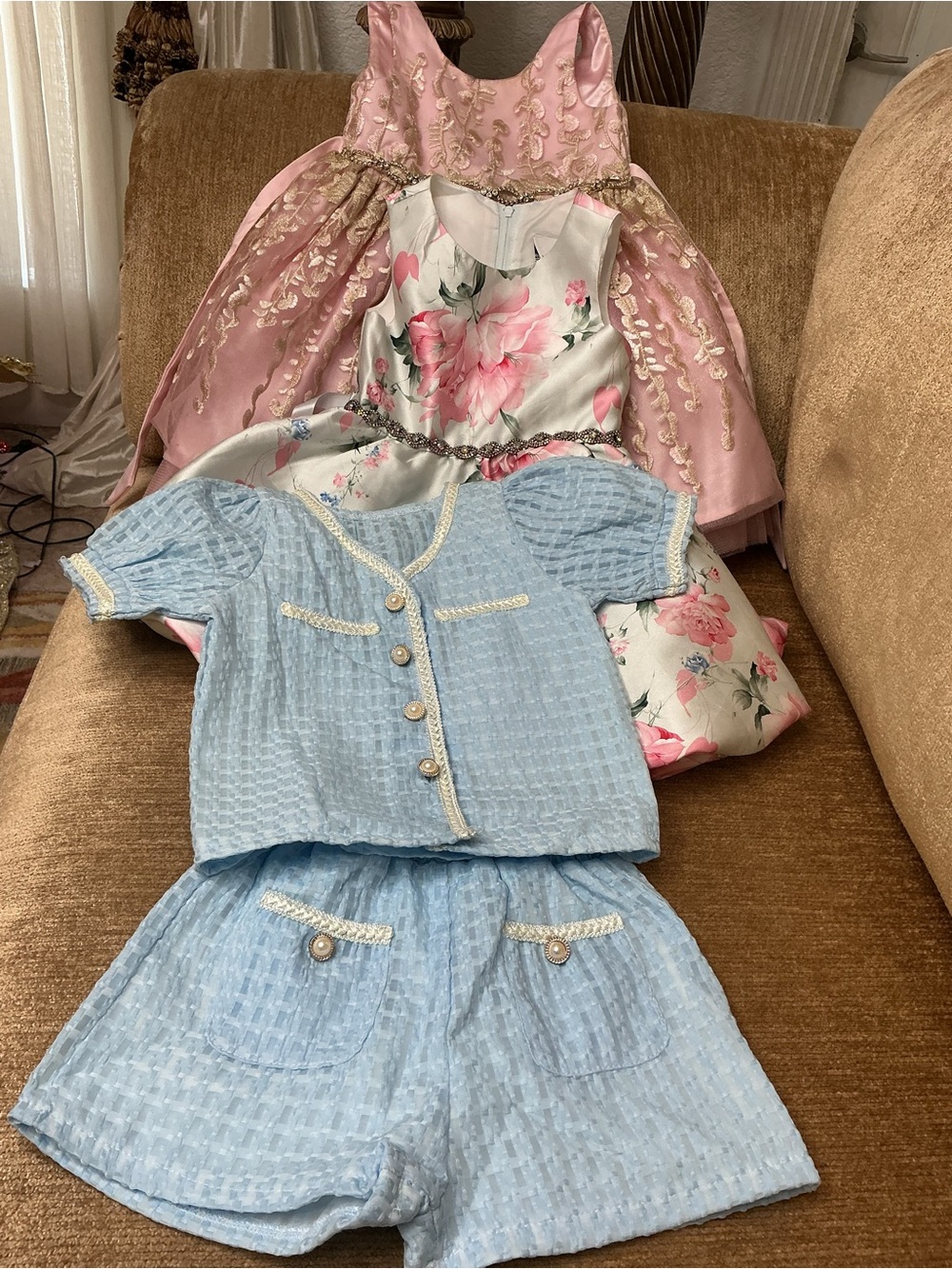 Pastel Blue Textured Two-Piece Set with Pearl Buttons